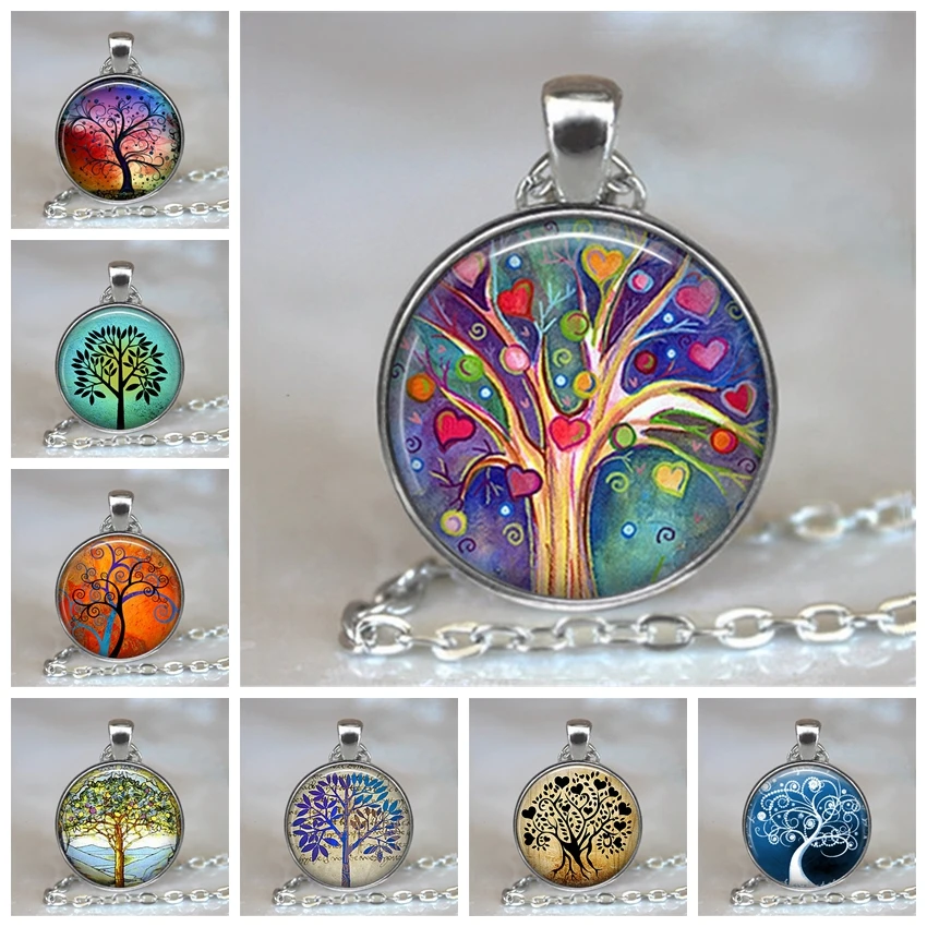 Life Tree Glass Cabochon Statement Necklace & Pendant Jewelry Vintage Silver Chain Choker For Women | Украшения и аксессуары