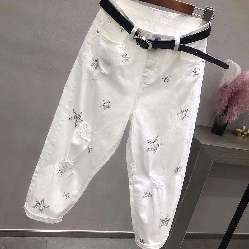 Spring Autumn Korea Fashion Women White Jeans High Waist Vintage Hole Loose Denim Pants Casual Ankle-length Harem Pants D436
Spring Autumn Korea Fashion Women White Jeans High Waist Vintage Hole Loose Denim Pants Casual Ankle-length Harem Pants D436
