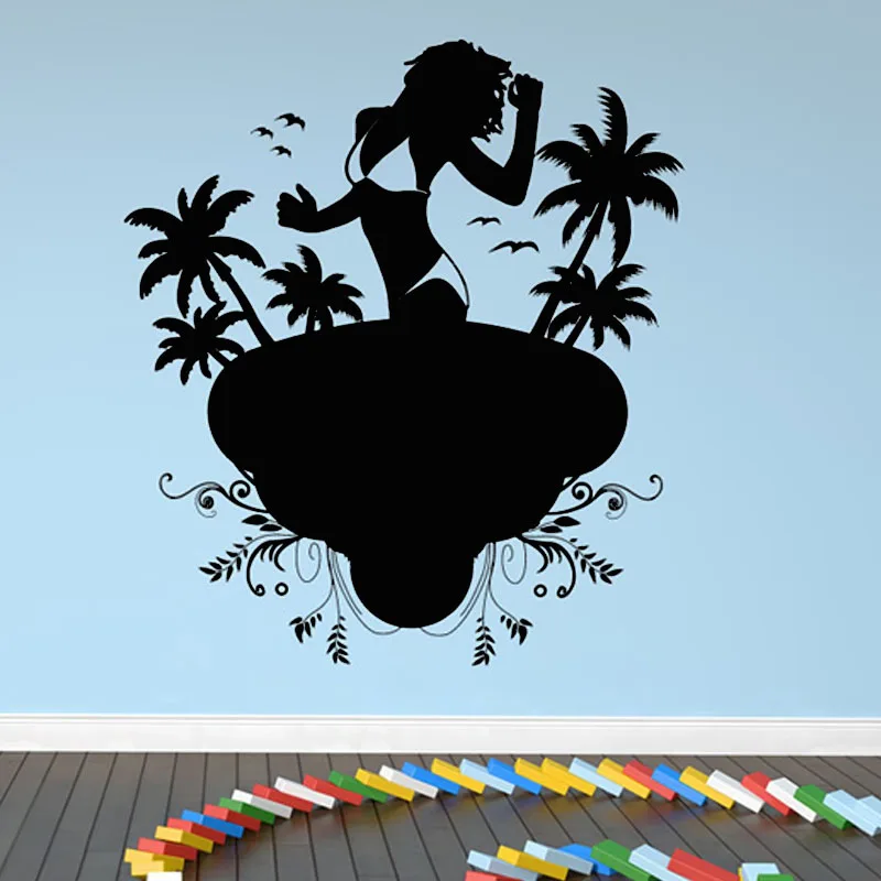 Сексуальная дама которая носит бикини на пляже наклейка стену с пальмами птицами