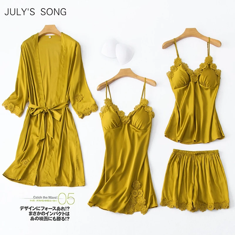 JULY'S SONG Sexy Lace Stain Sleepwear Pajamas 4 Pieces Women Pajamas Sets Faux Silk Sleepwear Sets Spring Summe Robe Home wear
JULY'S SONG Sexy Lace Stain Sleepwear Pajamas 4 Pieces Women Pajamas Sets Faux Silk Sleepwear Sets Spring Summe Robe Home wear