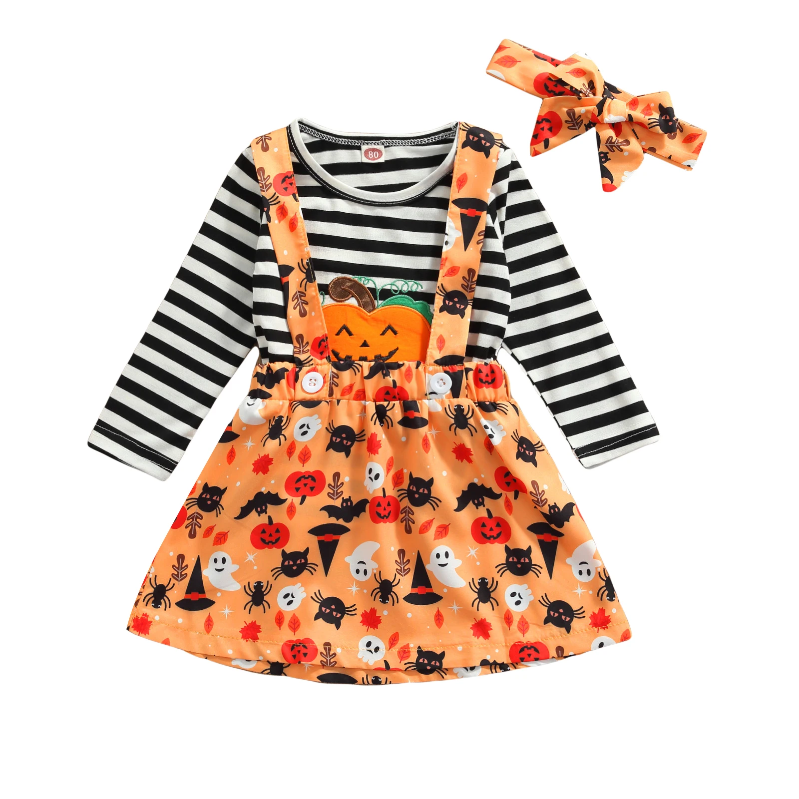2021 3Pcs Kids Halloween Outfits, Stripe Long Sleeves T-Shirt + Cartoon Print Suspenders Skirt + Headband for Girls, 1-6 Years
2021 3Pcs Kids Halloween Outfits, Stripe Long Sleeves T-Shirt + Cartoon Print Suspenders Skirt + Headband for Girls, 1-6 Years