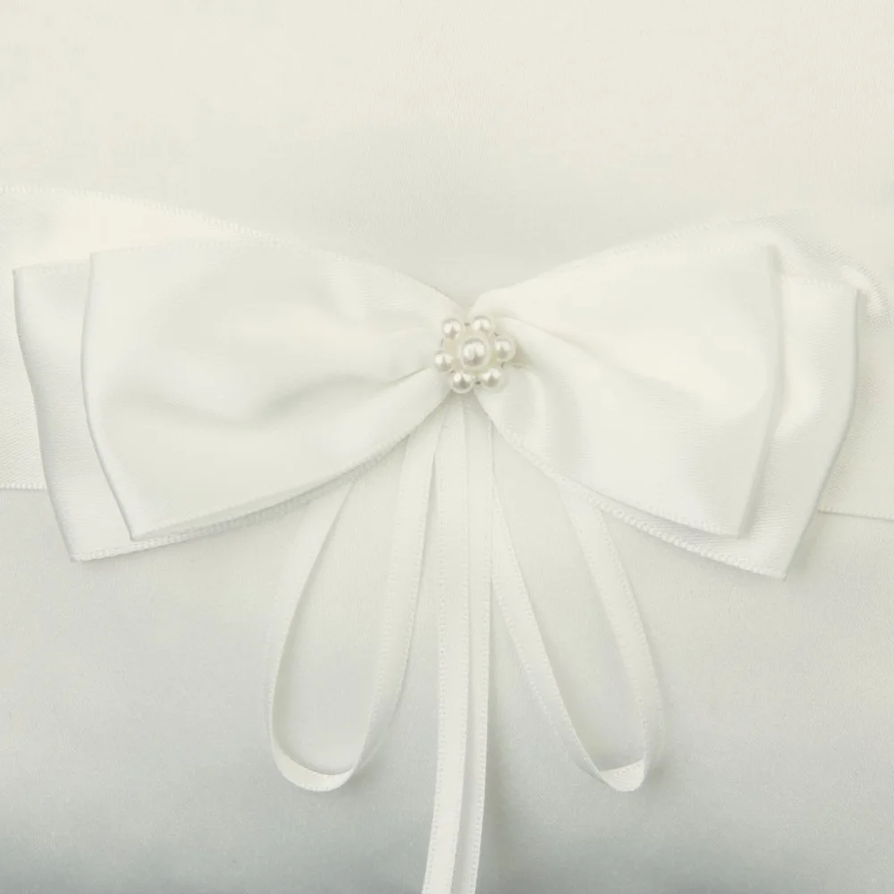 

10*10cm Wedding Ceremony Ring Bearer Pillow Cushion with Satin Double Bowknot Flower Faux Pearl (Ivory)