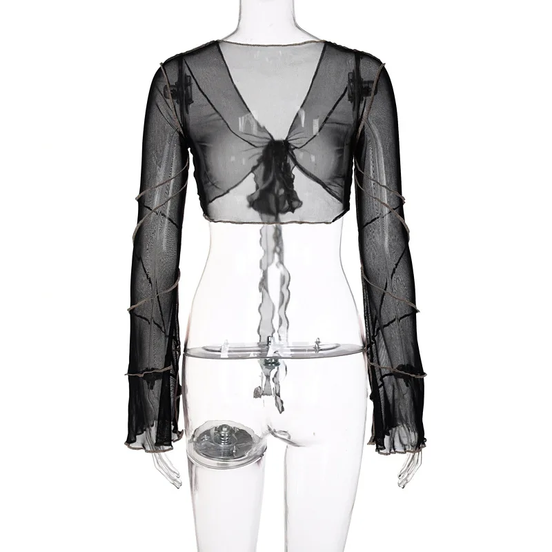 E-girl Aesthetics Bandage Black Mesh Crop Tops Pastel Goth Y2K Deep V-Neck Flare Sleeve Patchwork T-shirts Sexy Outfits
E-girl Aesthetics Bandage Black Mesh Crop Tops Pastel Goth Y2K Deep V-Neck Flare Sleeve Patchwork T-shirts Sexy Outfits