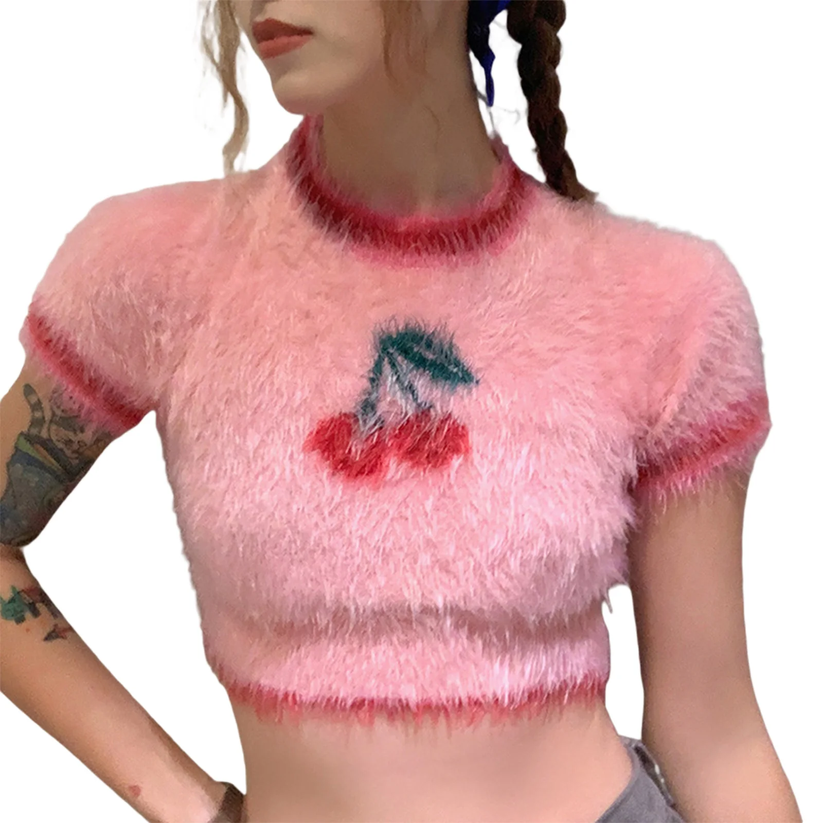 Women Cherry Print Short Sleeve Fuzzy Knitted Pullover Sweater Crop Tops T-shirt Tees
Women Cherry Print Short Sleeve Fuzzy Knitted Pullover Sweater Crop Tops T-shirt Tees