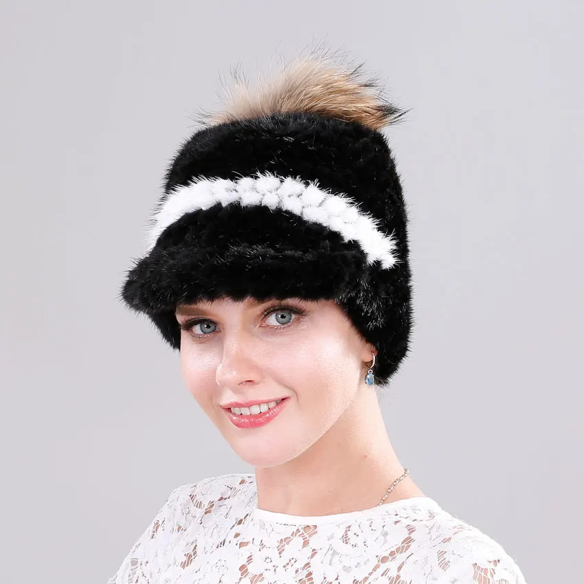 

Winter Mink Fur Hat for Woman Knitting Fall Baseball Cap with Cute Pompom Cap Peaked Cap Bonnets for Women Designer Hat Men