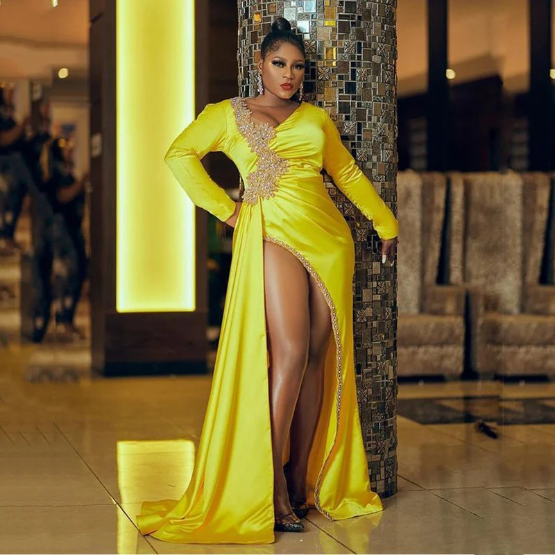 Plus Size Beaded Evening Dresses Elegant Women Sexy Satin Crystal V Neck High Split Prom Gown Party Formal Dress 
Plus Size Beaded Evening Dresses Elegant Women Sexy Satin Crystal V Neck High Split Prom Gown Party Formal Dress