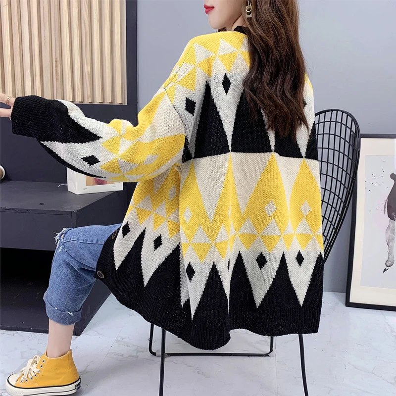 Loose Oversized Argyle Women's Sweater Jackets 2021 Autumn Winter Knitted V-Neck Thick Outerwear Knitted Long Sleeve Coats KS802
Loose Oversized Argyle Women's Sweater Jackets 2021 Autumn Winter Knitted V-Neck Thick Outerwear Knitted Long Sleeve Coats KS802