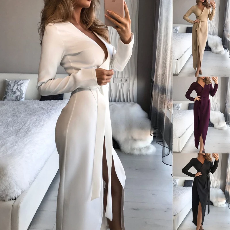 Elegant Solid Color Robe Party Dress Women Sexy V Neck Slit Long Dress Autumn Fashion Long Sleeve Wrap Lace-Up Belt Maxi Dress
Elegant Solid Color Robe Party Dress Women Sexy V Neck Slit Long Dress Autumn Fashion Long Sleeve Wrap Lace-Up Belt Maxi Dress