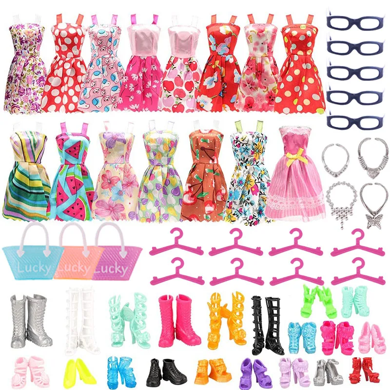 

40Pcs Barbies Doll Clothes Accessories=10*Clothes+10*Hangers+（5pcs)10*Shoes+5*Glasses+1*Handbag+4*Necklaces Generation Girl Toys