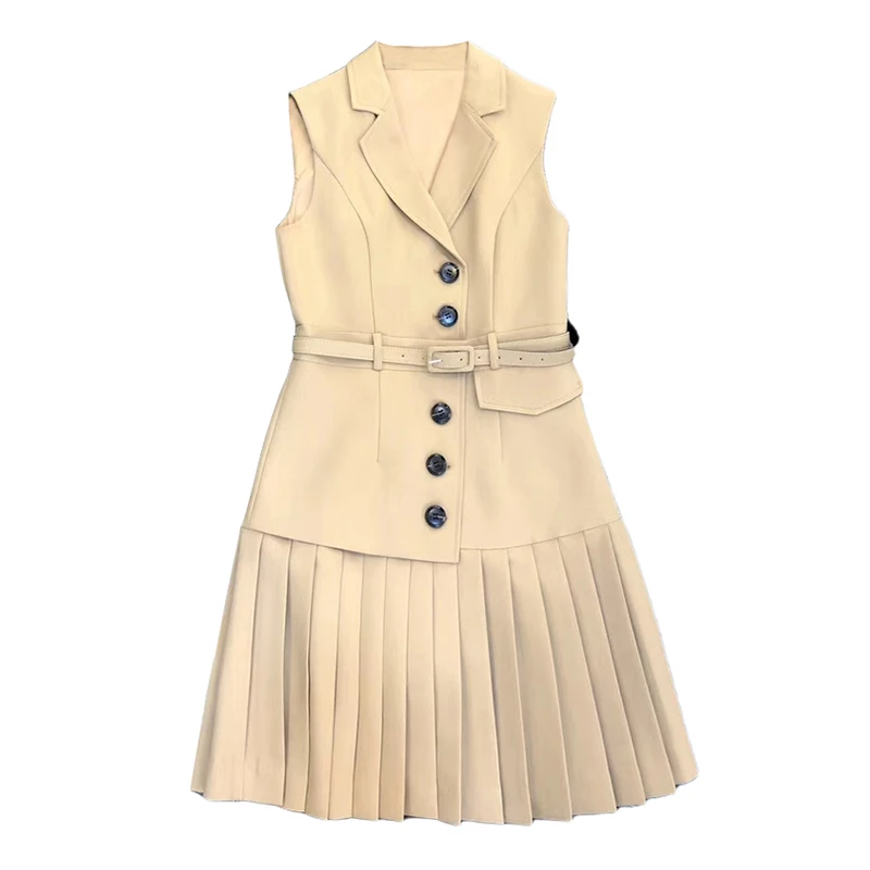 VGH Solid Elegant Dress For Women Notched Sleeveless High Waist Sashes Slim Casual Mini Pleated Dresses Female 2021 Fashion
VGH Solid Elegant Dress For Women Notched Sleeveless High Waist Sashes Slim Casual Mini Pleated Dresses Female 2021 Fashion