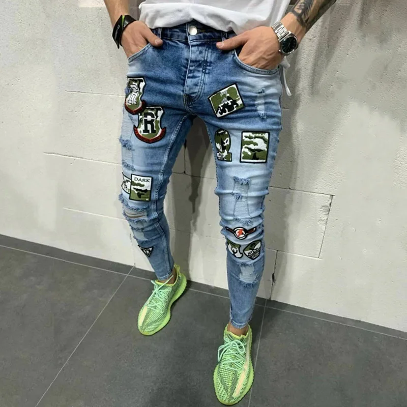 Men's Patchwork Ripped Embroidered Stretch Jeans Trendy Holes Straight Denim Trouers Badge Letters Draped Jeans 
Men's Patchwork Ripped Embroidered Stretch Jeans Trendy Holes Straight Denim Trouers Badge Letters Draped Jeans