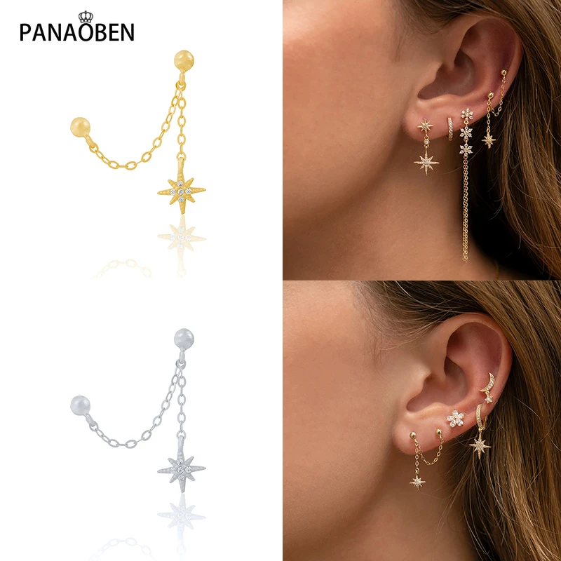 PANAOBEN 925 Sterling Silver elegant Link Chain Crystals Star Stud Earrings For Women Double Ear Studs Jewelry Piercing Earrings
PANAOBEN 925 Sterling Silver elegant Link Chain Crystals Star Stud Earrings For Women Double Ear Studs Jewelry Piercing Earrings