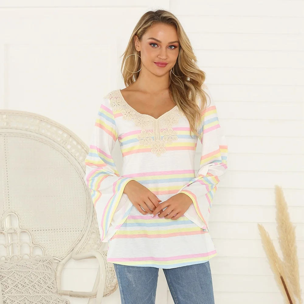 Spring Autumn 2021 Rainbow Striped Woman Tshirts Feminina Loose Waist Graphic Tee Vintage Lacework Long Sleeve Shirts for Women 
Spring Autumn 2021 Rainbow Striped Woman Tshirts Feminina Loose Waist Graphic Tee Vintage Lacework Long Sleeve Shirts for Women
