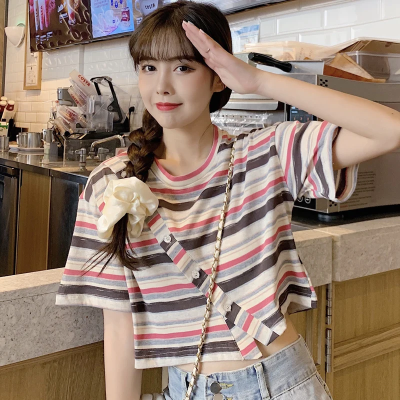 Striped Short Sleeve T-shirt Women Summer Kawaii Girls Short Top Tees O Neck Japanese Style Buttons T Shirt
Striped Short Sleeve T-shirt Women Summer Kawaii Girls Short Top Tees O Neck Japanese Style Buttons T Shirt