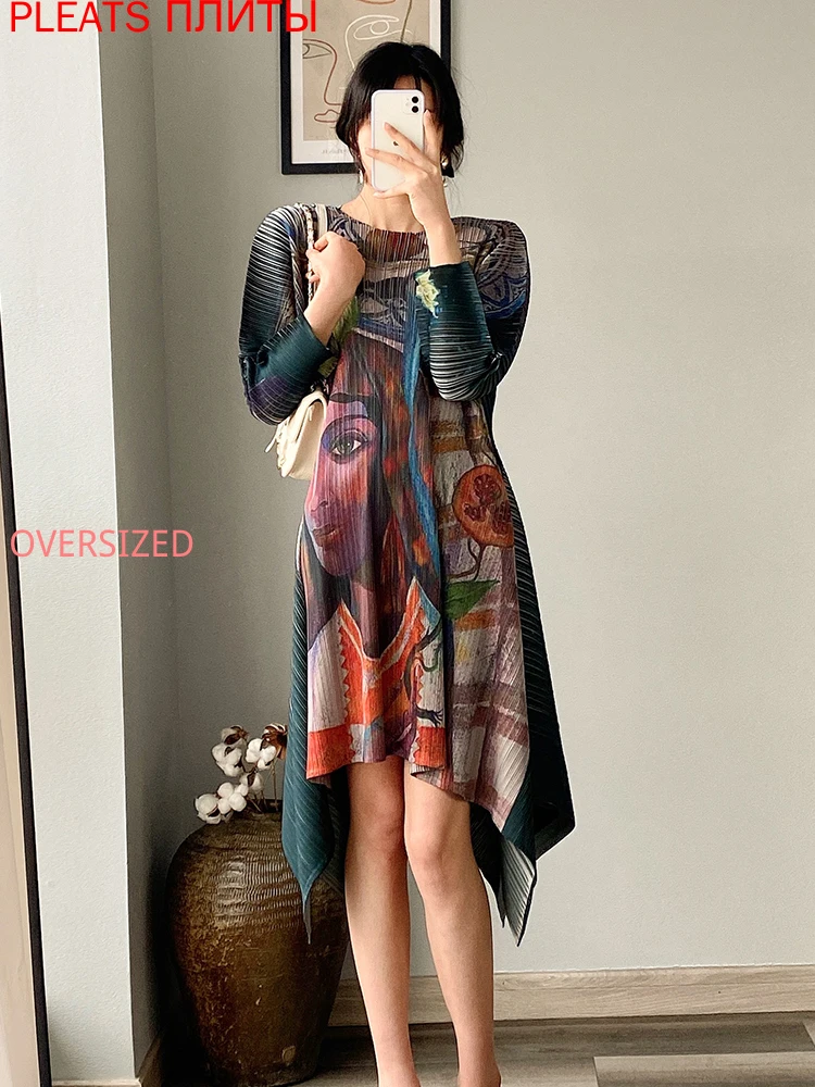 

Miyake плиссированное платье дизайн чувство ниша 2021 новый ретро темперамент свободного размера плюс женская одежда складки Vestido Shein