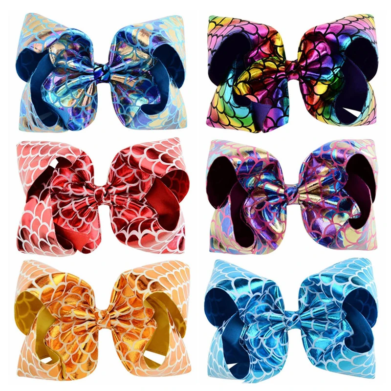 

8 Inches Large Bows Rainbow Sequins Bow-knot Barrettes Grosgrain Ribbon PU Leather Scales Hair Clip Girls Hair Accessories 821