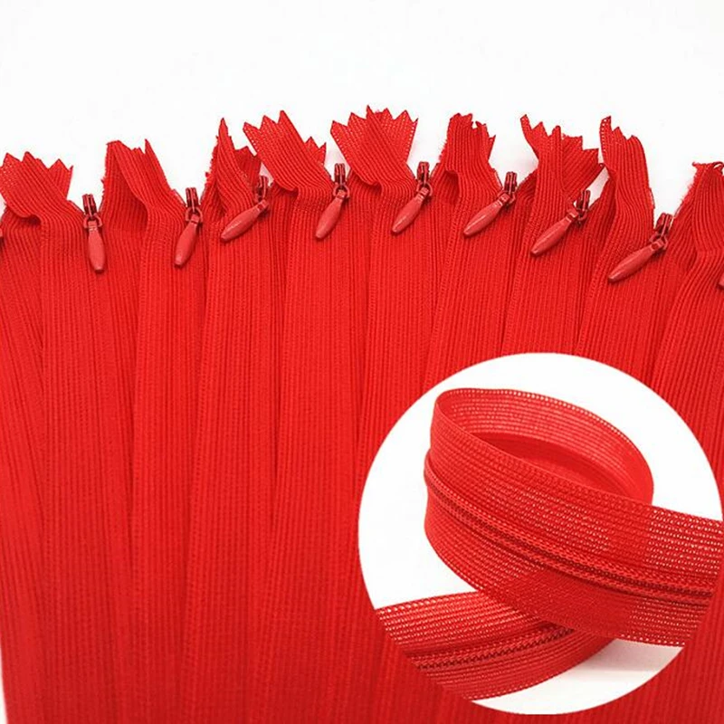 

10pcs 3# red 28cm/30cm/40cm/50cm/60cm nylon invisible soft tulle coil Chiffon zipper sewing Silk Zippers