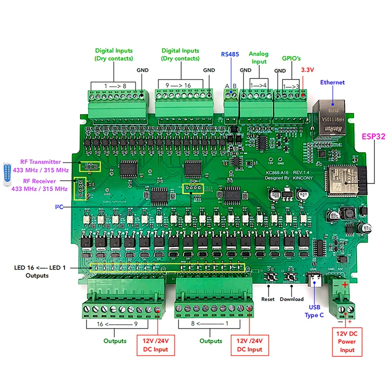 Макетная плата Kincony A16 ESP32 MQTT TCP Web HTTP ESPhome Home Assistant Tasmota DIY модуль Arduino IDE WiFi релейный
