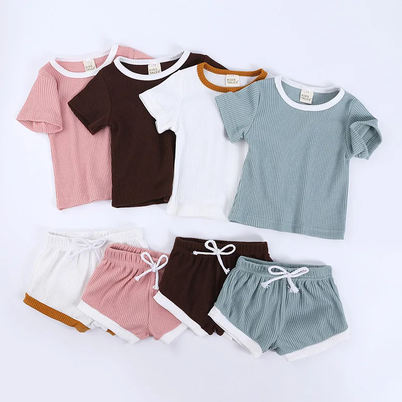 Toddler Baby Boys Girls Summer Clothing Suit Newborn Kids Ribbed Knitted Short Sleeve T-shirts+Shorts Tracksuits Sets | Мать и ребенок