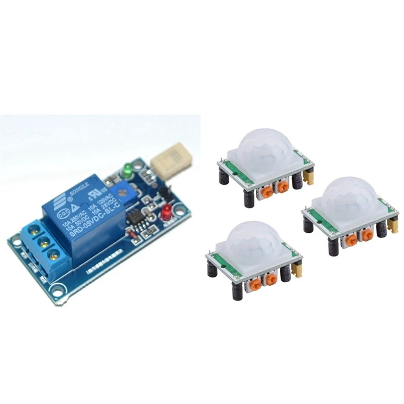 3Pcs HC-SR501 Adjust Infrared PIR Motion Sensor & 1 Pcs T9 DC5V Humidity Sensitive Switch Relay Module Controller
3Pcs HC-SR501 Adjust Infrared PIR Motion Sensor & 1 Pcs T9 DC5V Humidity Sensitive Switch Relay Module Controller