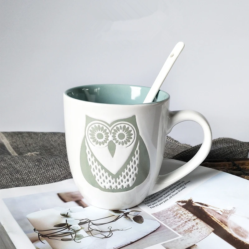 

1Pc Houseware Ceramic Mugs Without spoon Creative embossed owl breakfast cup Couple cups Milk mugs