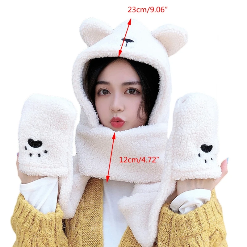 Women Winter 3 In 1 Fuzzy Plush Warm Hooded Scarf Hat Gloves Set Cute Cartoon Bear Ears Animal Faux Wool Windproof Earflap Cap
Women Winter 3 In 1 Fuzzy Plush Warm Hooded Scarf Hat Gloves Set Cute Cartoon Bear Ears Animal Faux Wool Windproof Earflap Cap