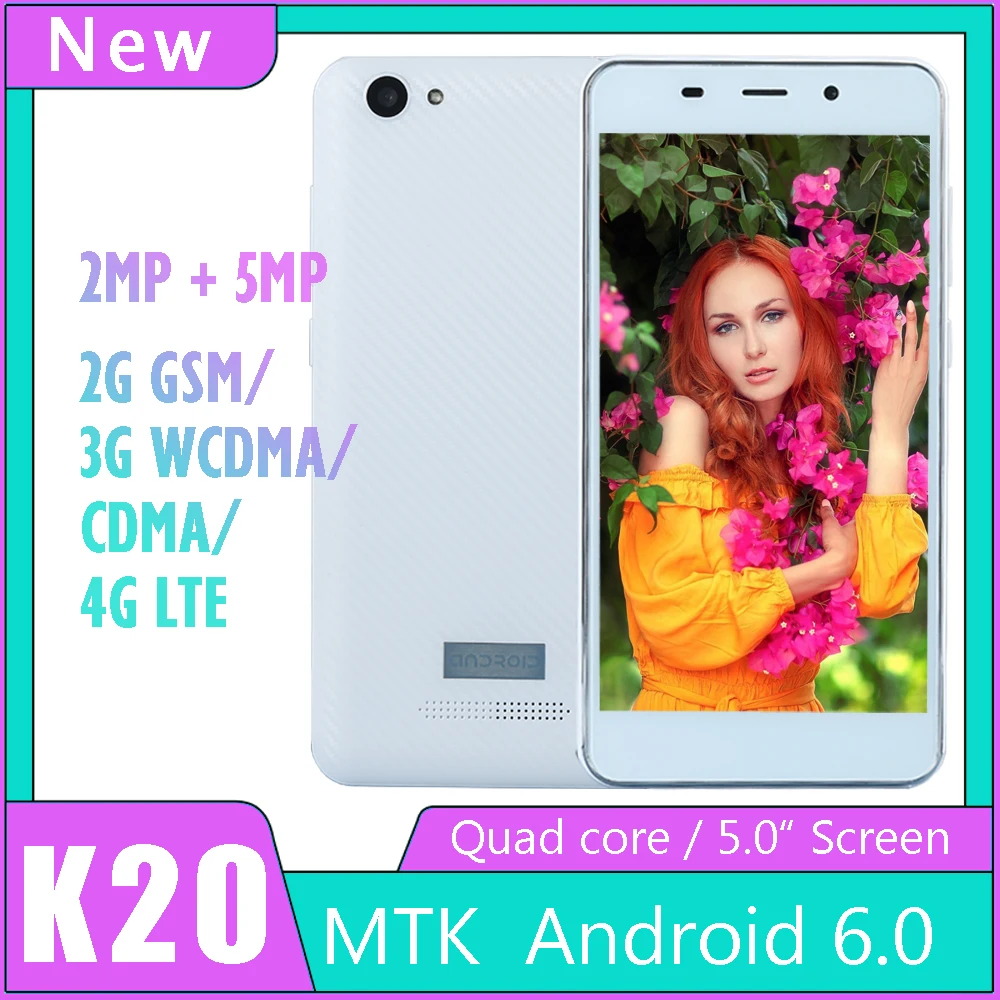 Original K20 4G LTE FDD/3G WCDMA CellPhones Quad Core Android 6.0 Mobile Phones Camera 5.0" Unlocked MTK celulares Global versio |