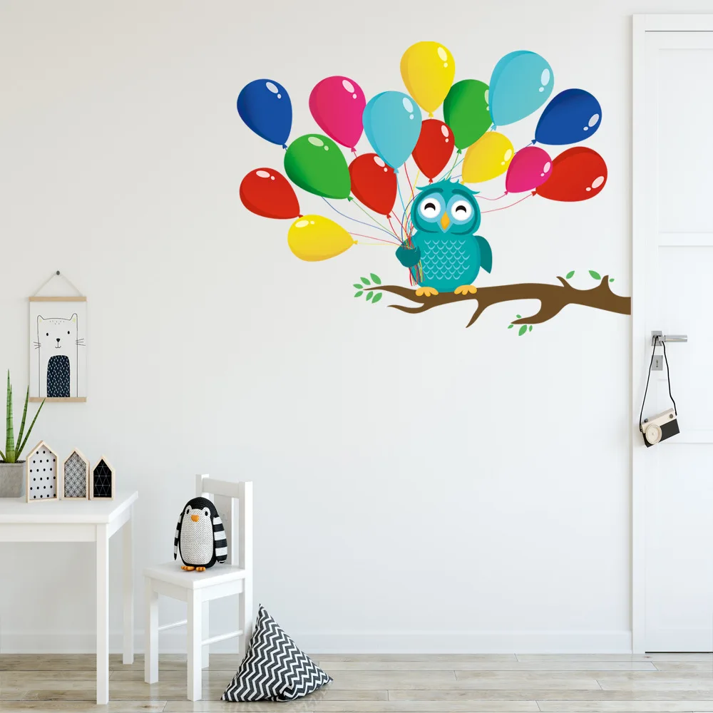 

Cartoon Tree Branch Owl Background With Balloons sticker Kids Rooms Bedroom Decor Mural Door Art Stickers For Nursery Wallpaper