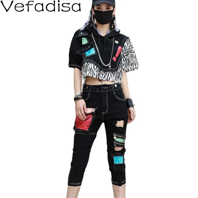 Vefadisa Black Striped Patchwork Denim Set Women 2021 Summer Hooded Female T-shirt + Panelled Calf-Length Pants Loose QYF5861
Vefadisa Black Striped Patchwork Denim Set Women 2021 Summer Hooded Female T-shirt + Panelled Calf-Length Pants Loose QYF5861