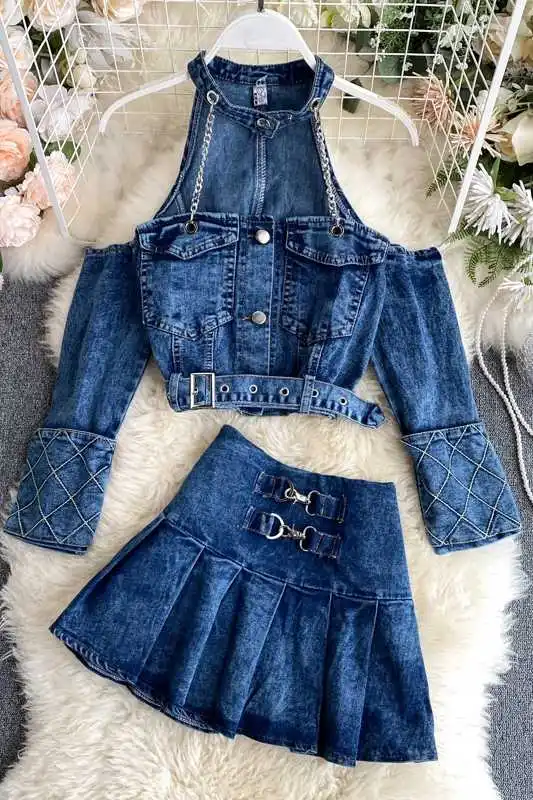 Summer Vintage Long Sleeve Strapless Chain Halter Hollow Out Denim Top Short Mini Skirt Two Piece Set Women
Summer Vintage Long Sleeve Strapless Chain Halter Hollow Out Denim Top Short Mini Skirt Two Piece Set Women