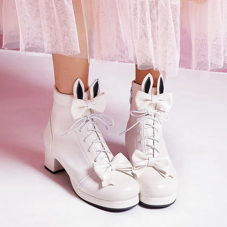 

Big Size 48 Round Toe Cute Lolita shoes High Chunky Heel Bunny Short Booties Ladies Ankle Boots Fancy Bowtie Pink Cosplay Shoes