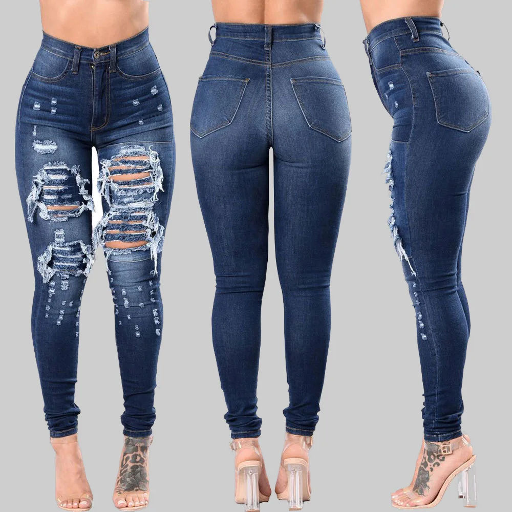 

Mandylandy Jeans Women's Casual High Waist Button Denim Pencil Pants Spring and Summer Fashion Solid Color Ripped Bleached Jeans