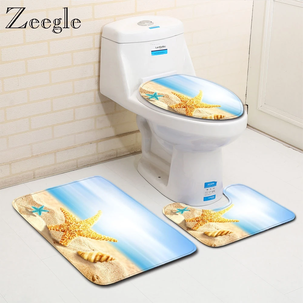 

Starfish Printed Bathroom Mat Set Absorbent Bathroom Carpet Rug Dustproof Toilet Seat Cover Mat Anti Slip Shower Floor Rug