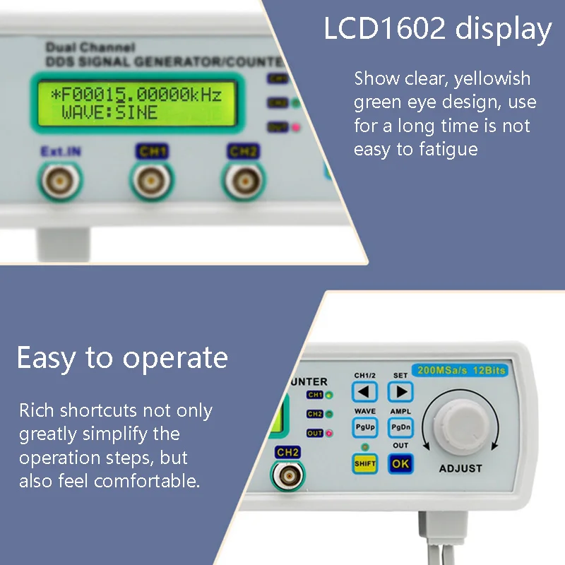 Digital DDS Dual-Channel Signal Source Generator Arbitrary Waveform Frequency Meter MHS-5200A 6MHz 200MSa/S,EU Plug
Digital DDS Dual-Channel Signal Source Generator Arbitrary Waveform Frequency Meter MHS-5200A 6MHz 200MSa/S,EU Plug