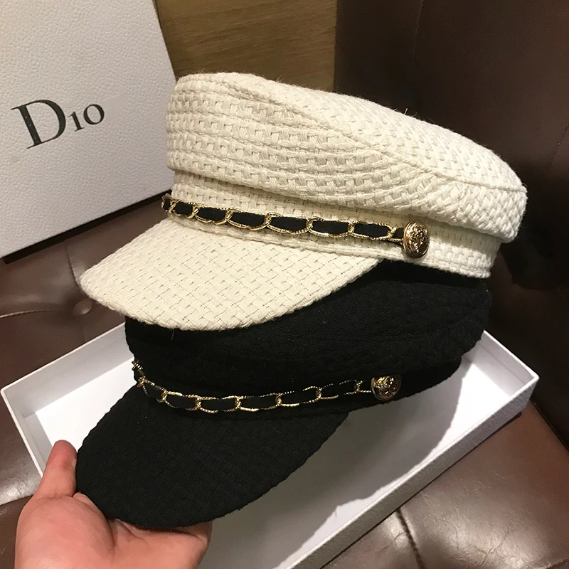 Ladies Knitted Flat-top Militray Hat Female Autumn Winter Retro Newsboy Cap Korean Style Trendy Chain Octagonal Berets
Ladies Knitted Flat-top Militray Hat Female Autumn Winter Retro Newsboy Cap Korean Style Trendy Chain Octagonal Berets