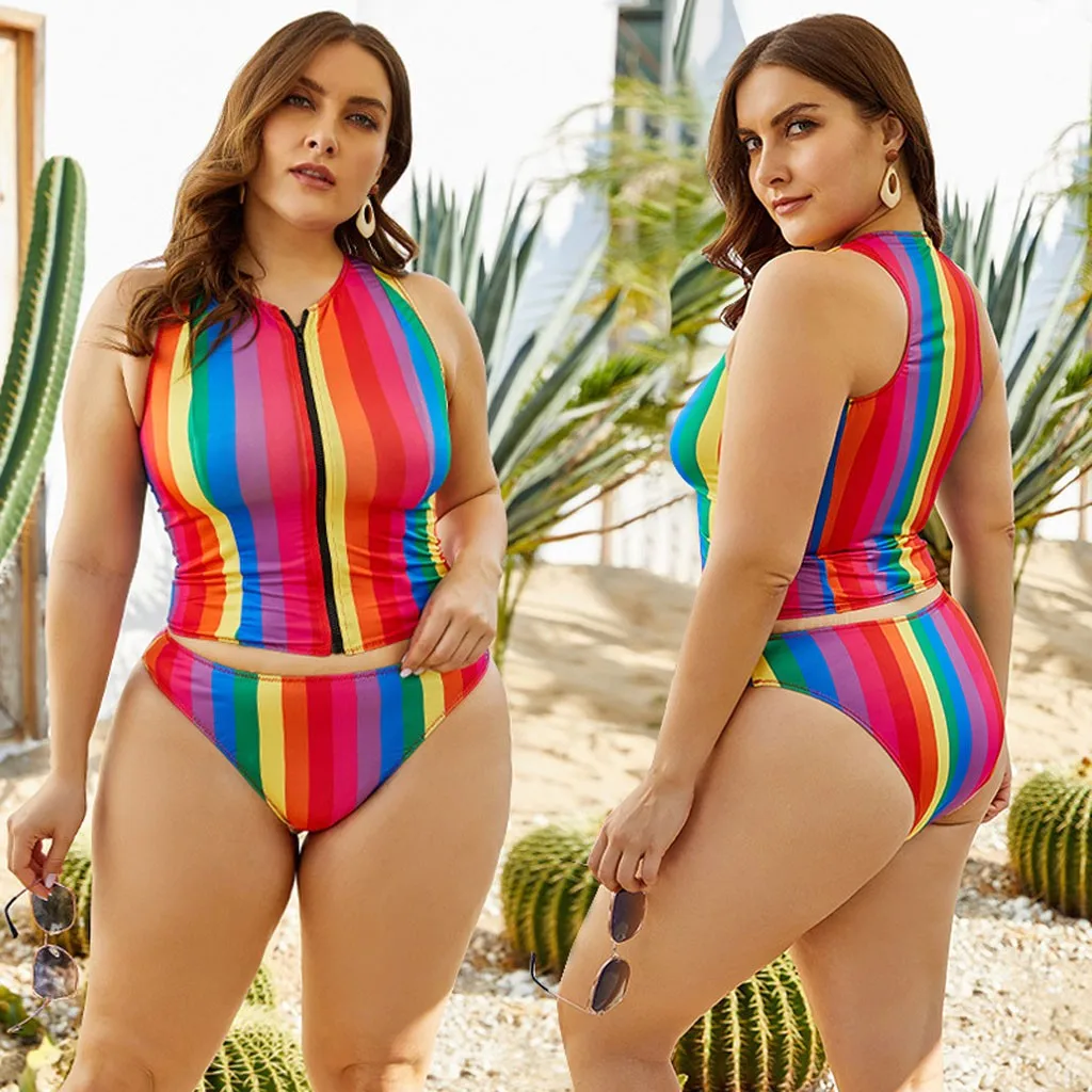 Ladies Rainbow Stripes Printed Zipper Swimsuit Large Size 2XL-5XL Split Two-piece Skinny Swimwear Female A20 
Ladies Rainbow Stripes Printed Zipper Swimsuit Large Size 2XL-5XL Split Two-piece Skinny Swimwear Female A20