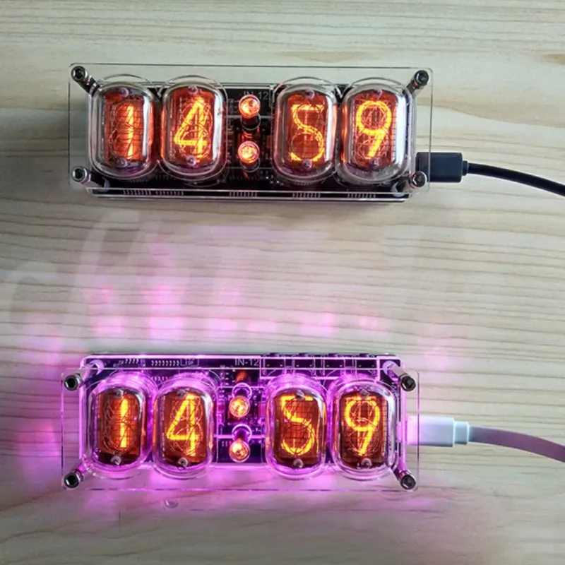 Трубчатые часы Nixie IN-12 4-битные светящиеся RGB цветные настольные с отображением