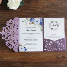 Floral Purple Party Invitation Card Wedding Business Semi-Transparent Belly Tri-Folded Laser Cut Invites Customized Printing