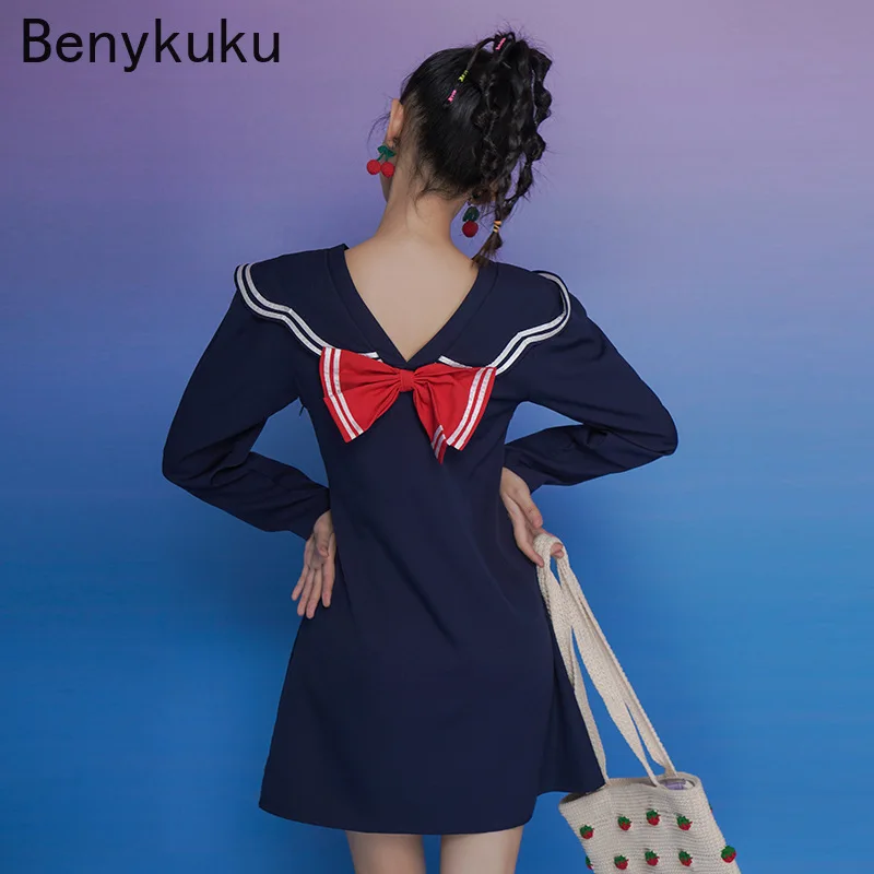 Sailor Collar Preppy Style Girls Button Up Navy Blue Dress 2020 Autumn Women Long Sleeve Slim Waist Big Bow A Line Mini Dresses
Sailor Collar Preppy Style Girls Button Up Navy Blue Dress 2020 Autumn Women Long Sleeve Slim Waist Big Bow A Line Mini Dresses