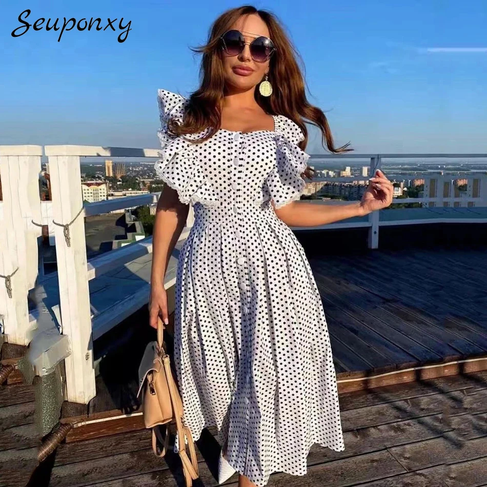 High Quality 2021 Summer Sexy Square Neck Polka Dot Ruffled Single Breasted Dress Elegant Women'S Bohemian Holiday Dress Vestido
High Quality 2021 Summer Sexy Square Neck Polka Dot Ruffled Single Breasted Dress Elegant Women'S Bohemian Holiday Dress Vestido