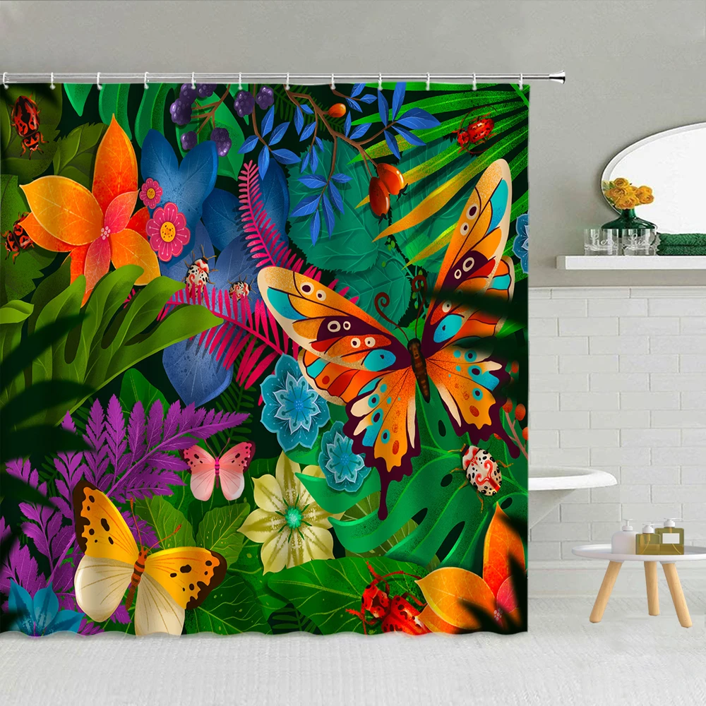 

Занавеска для душа с цветными бабочками, s водонепроницаемый тканевый комплект с крючками для декора ванной комнаты, цветов, растений, зелен...