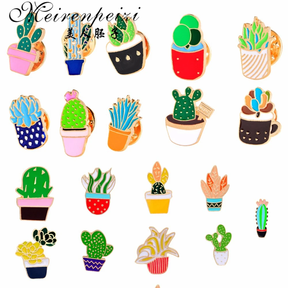 

Kawaii Green Plants Potted Cactus Hard Enamel Brooch Pins Collar Clothes Hat Backpack Brooches Button Succulent Pin Jewelry