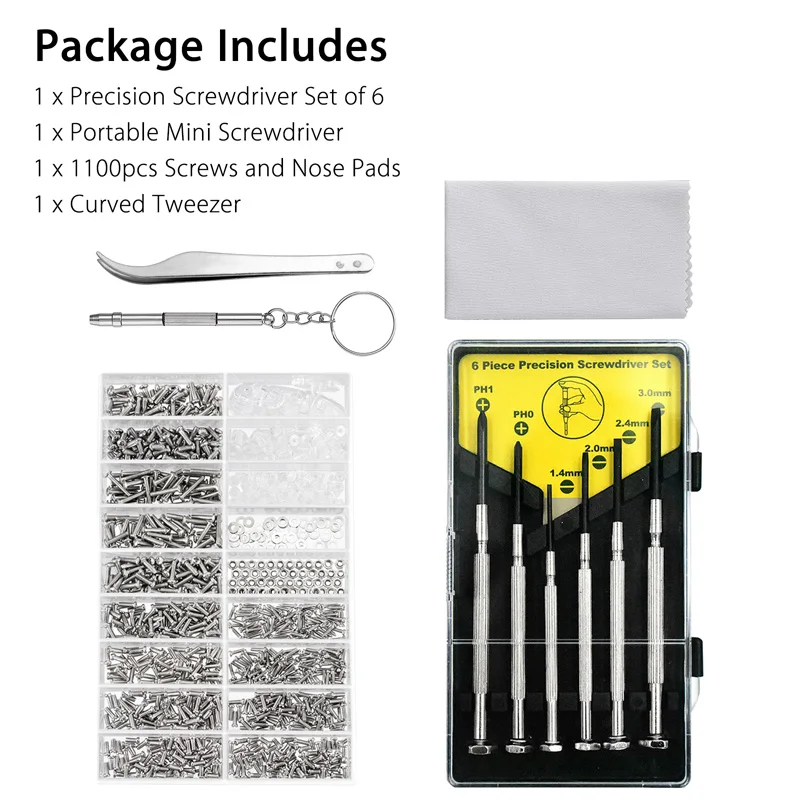 Eyeglass Repair Tool Kit 6x precision screwdrivers+1100x Screws & Nose Pads+ Tweezer+ Mini Screwdriver For Glasses Watch Clock
Eyeglass Repair Tool Kit 6x precision screwdrivers+1100x Screws & Nose Pads+ Tweezer+ Mini Screwdriver For Glasses Watch Clock