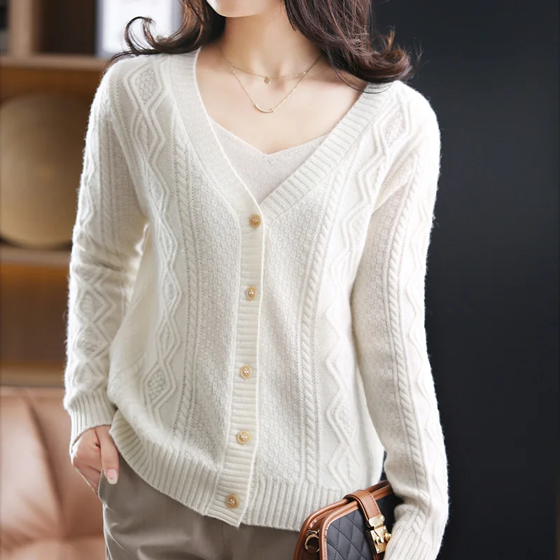 Winter Woman's Sweaters Thick Casual V-Neck Long Sleeve Female Cardigan 100% Wool Knitted Tops Jumper Coats Outwear Fit Overcoat
Winter Woman's Sweaters Thick Casual V-Neck Long Sleeve Female Cardigan 100% Wool Knitted Tops Jumper Coats Outwear Fit Overcoat