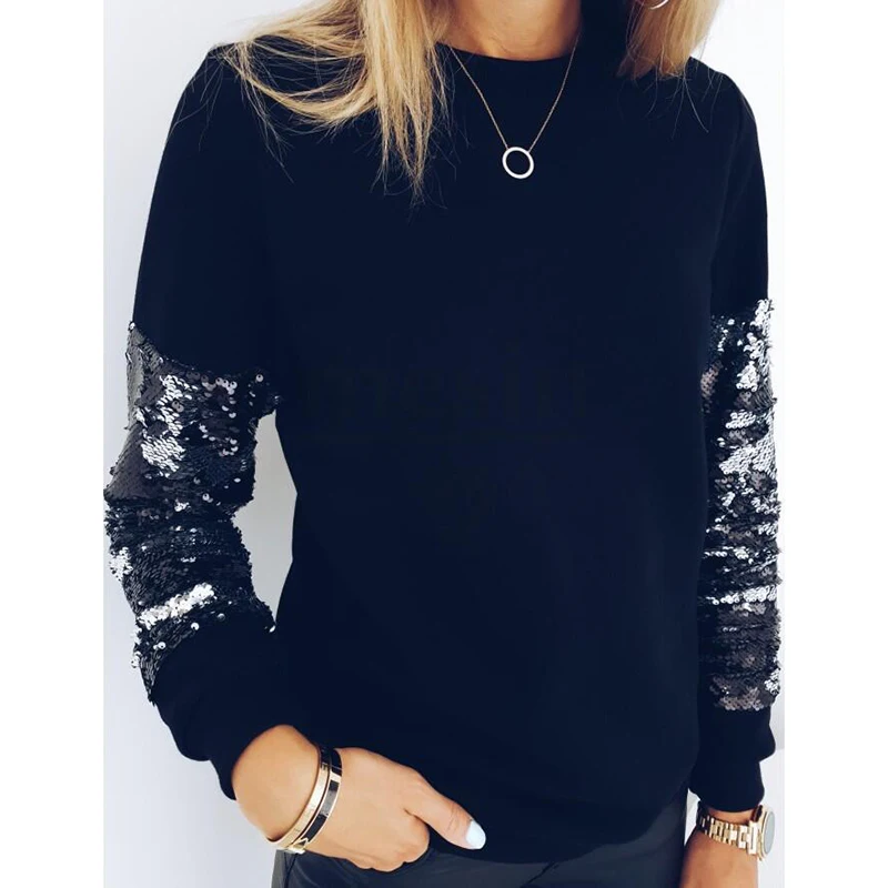 Autumn Long Sleeve Sequined T-shirt Women Black Harajuku Tee Shirt Femme Punk Clothing 2019 SJ4602V | Женская одежда