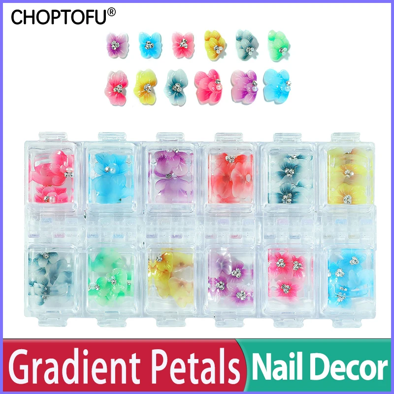 

24/48/144PC/Box 3D Butterfly Embossed Flower Nail Art Decoration Gradient Petals False Nails Rhinestone Diamond Embellished Nail