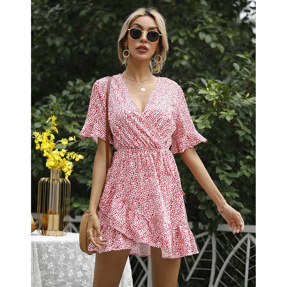 Женское платье с V-образным вырезом маленькое цветочным принтом на талии лето 2021 |