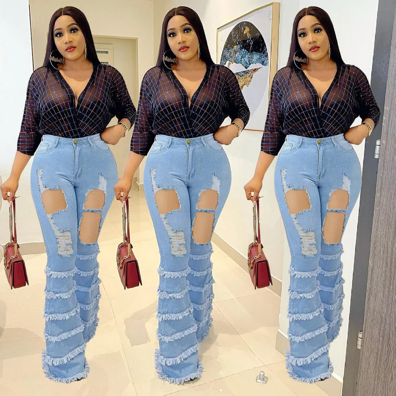 Denim Flare Pants Women's Casual Solid Color Ripped Jeans Autumn Fashion Button High Waist Slim Tassel Stitching Jeans
Denim Flare Pants Women's Casual Solid Color Ripped Jeans Autumn Fashion Button High Waist Slim Tassel Stitching Jeans