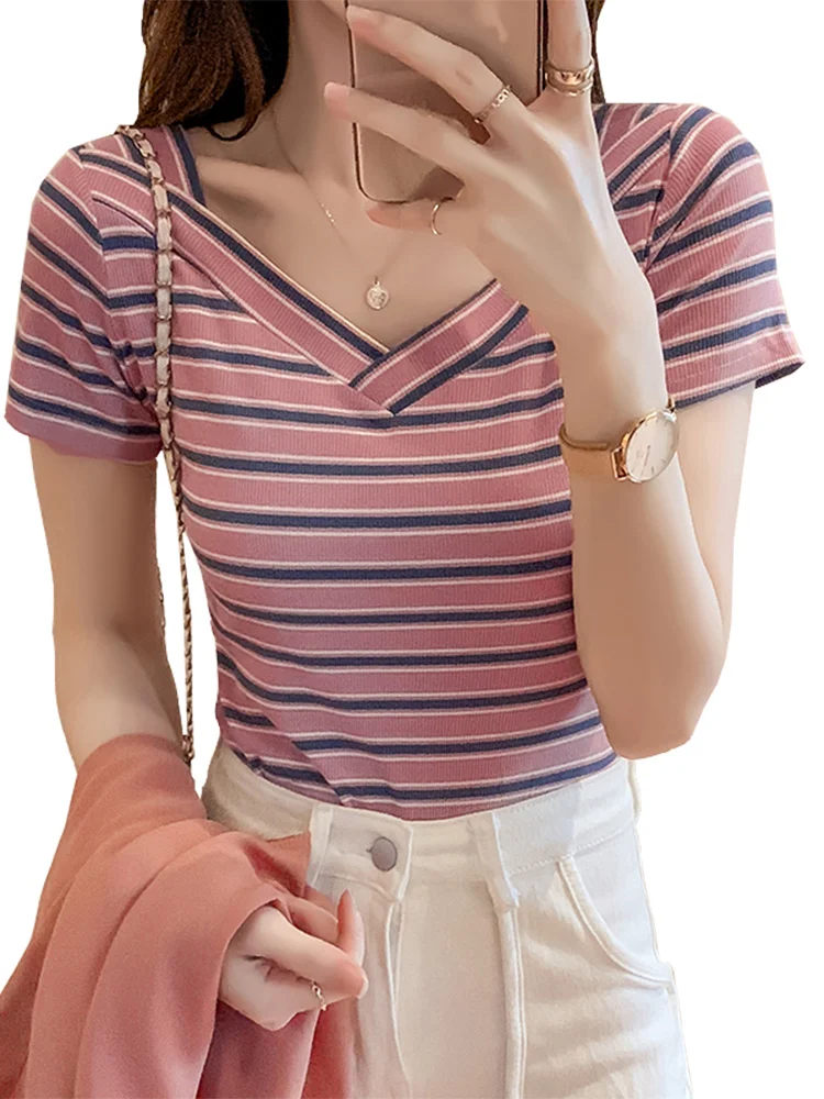 2021summer New Korean Style Slim Fit Slimming V-Neckline Casual Top Versatile Fashion Rainbow Striped T-shirt Women's Fashion
2021summer New Korean Style Slim Fit Slimming V-Neckline Casual Top Versatile Fashion Rainbow Striped T-shirt Women's Fashion