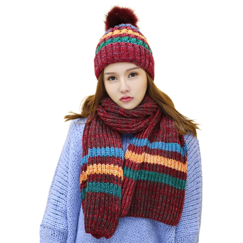 Women Winter Knit 2Pcs Striped Plush Lined Warm Pompom Beanie Hat Long Scarf Set M89E
Women Winter Knit 2Pcs Striped Plush Lined Warm Pompom Beanie Hat Long Scarf Set M89E
